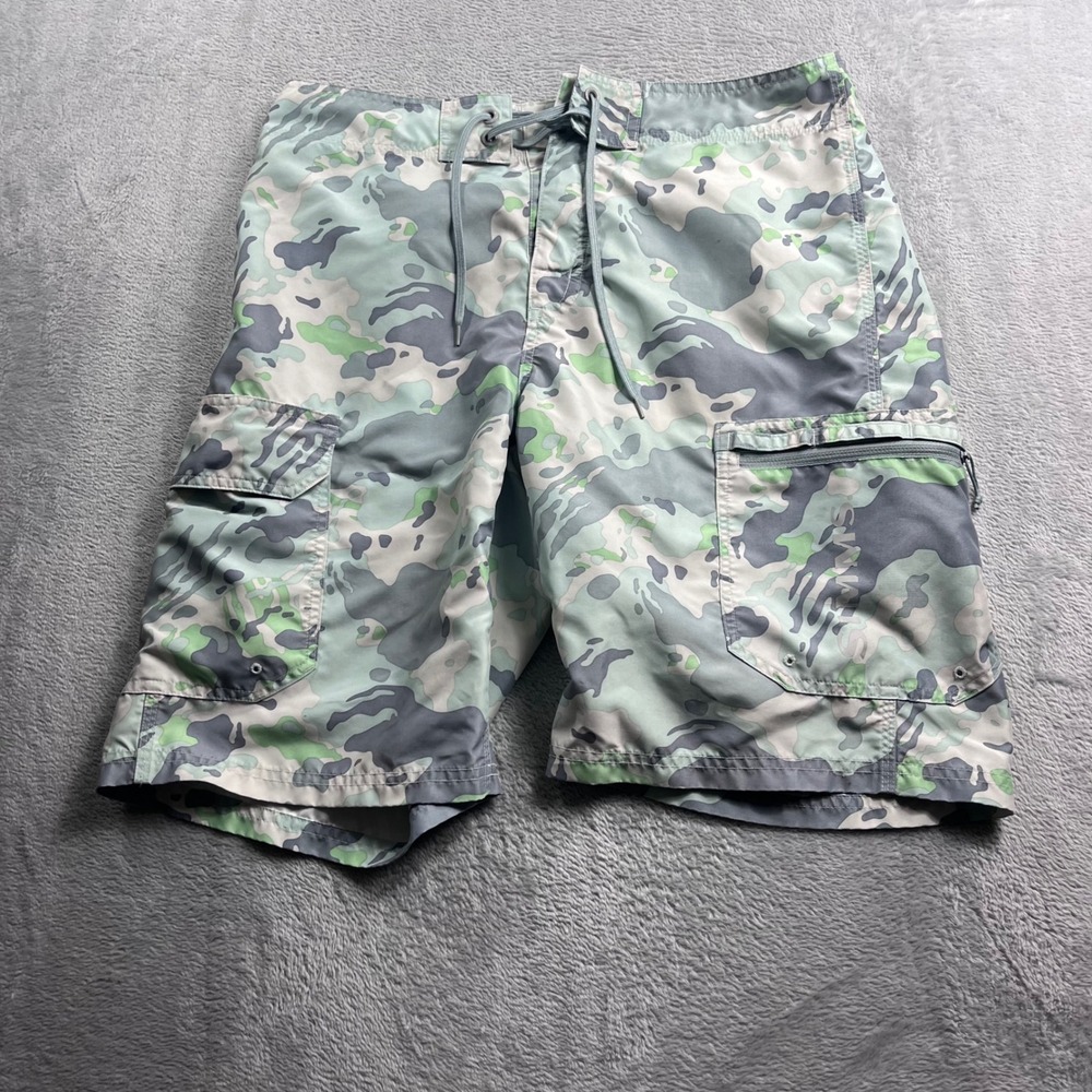 Simms SolarFlex Mens 32 Fishing Board Shorts Grey Green Camo Cargo Pockets